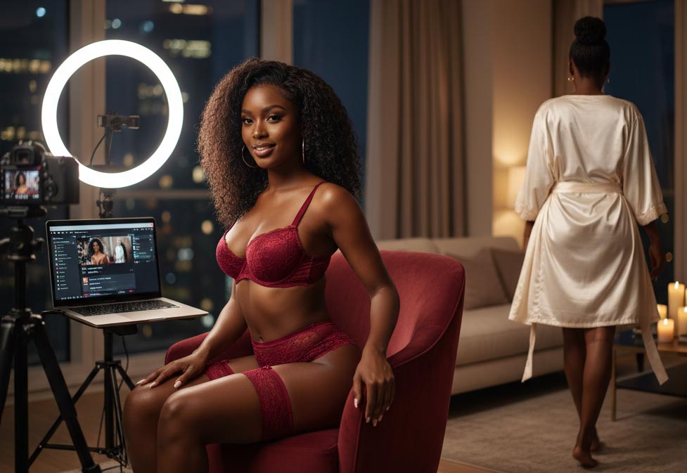 Horizontal glamour scene of an African American model in wine-red lingerie and thigh-high stockings leaning toward a camera in front of a ring light with blurred live chat on a screen, while in the softly lit background the same woman, now in an oversized satin robe and T-shirt with hair up, walks toward a cozy candlelit couch, illustrating the shift from on-camera persona to private unwind in a high-end Elite Babes editorial look.